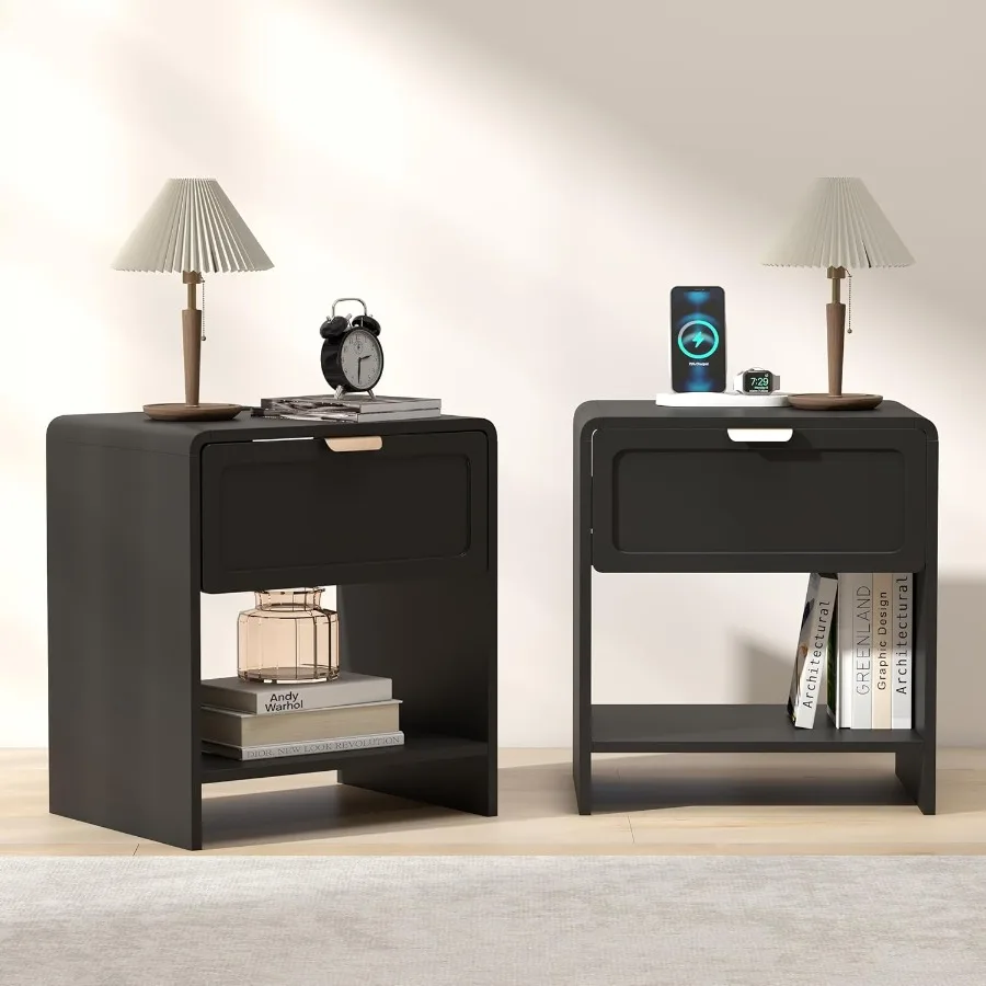 Nightstand Set of 2 MidCentury Modern Bedside Table with Charging Stationd Curved Top Corners Wooden End Table for Farmhouse Be