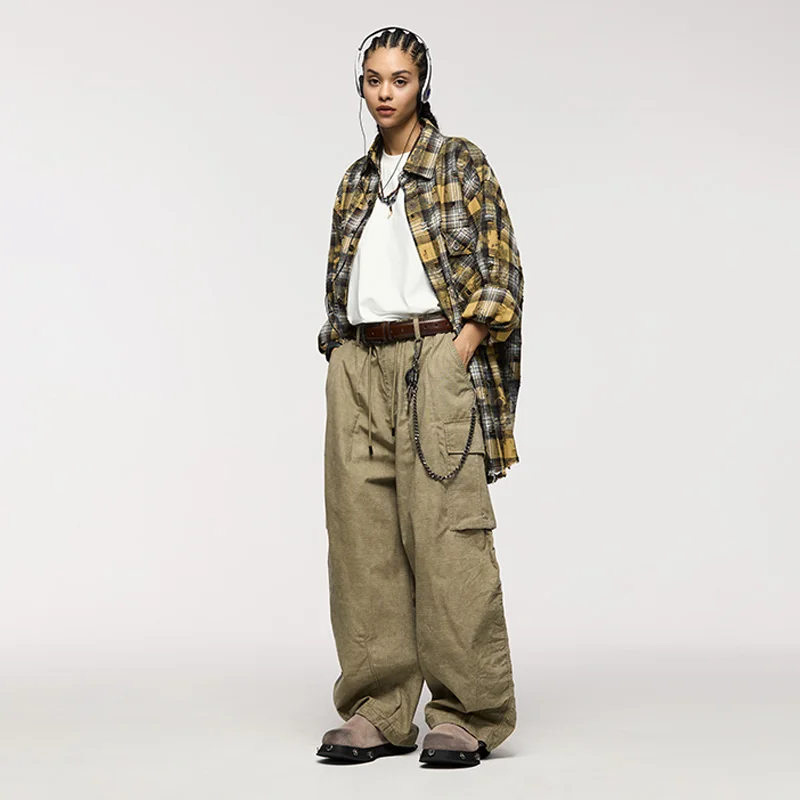 INFLATION Washed Faded Plaid Wide-Leg Cargo Pants for Men Loose American Washed Casual Pant Streetwear