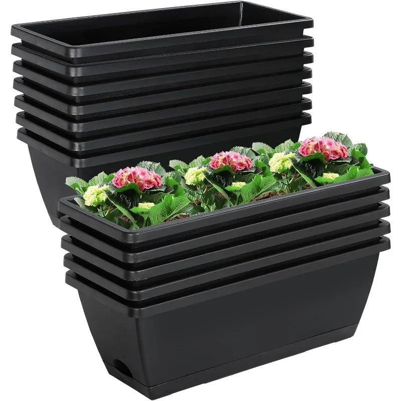 12Pcs 17Inches Rectangle Planter Box with Drainage Holes and Trays Plastic Planters Flower Boxes Pots