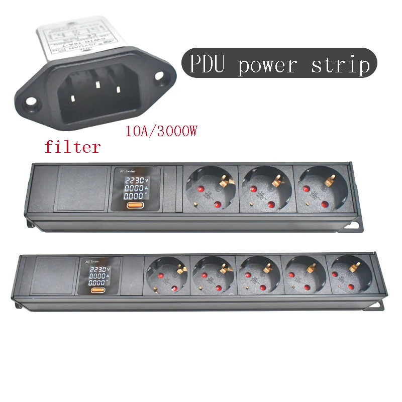 Aluminum alloy shell PDU power board EU socket C14 interface 1-10AC with ammeter filter 10A/4000W