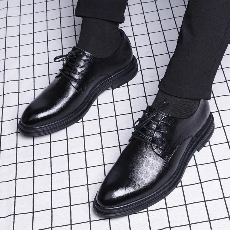 

Business Formal Korean Leather Shoes for Men Pointed Toe Elevator Laced Groom Wedding Shoes British Style Casual Trendy Design