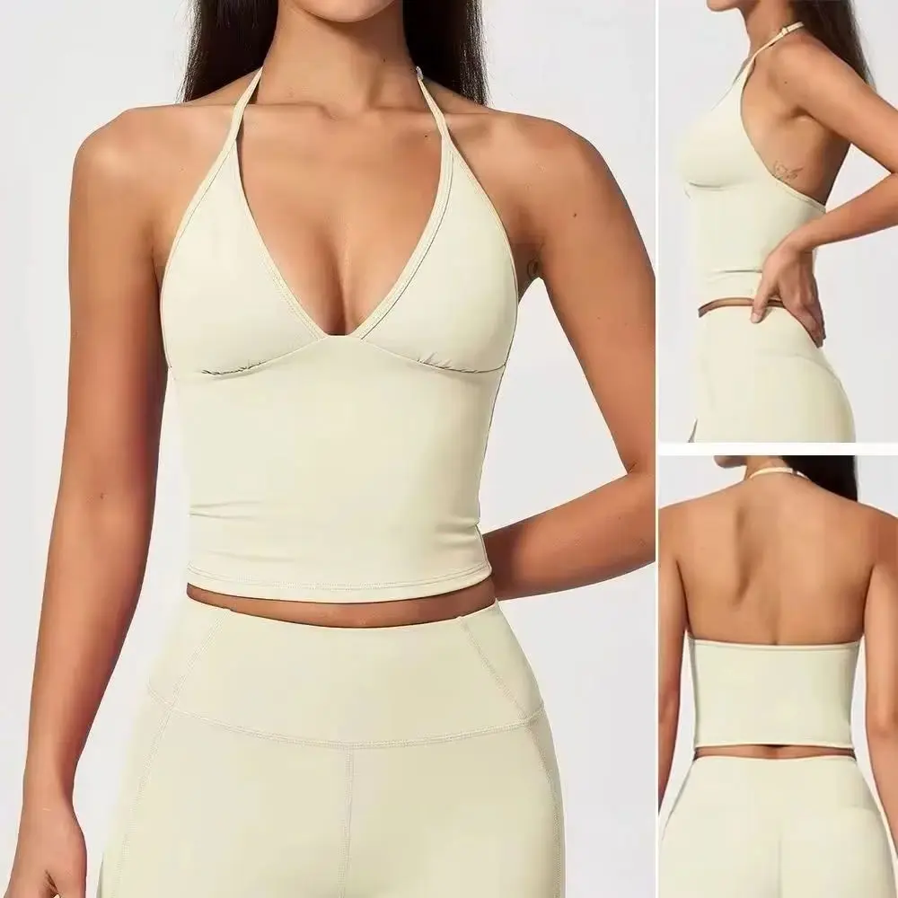 Women's Padded Halter Neck Backless Longline Deep V-Neck Yoga Tank Top Slim Fit Stretchy Gym Workout Running Fitness Sports Vest