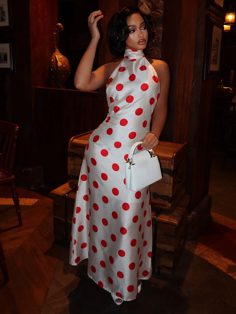 Weird Puss Sexy Rückenfreies Langes Kleid für Damen, Polka-Dot-Druck, Schnürung, Neckholder, Rollkragen, Ärmellos, Mitternachtsparty, Elegante Vestidos – Detail 11