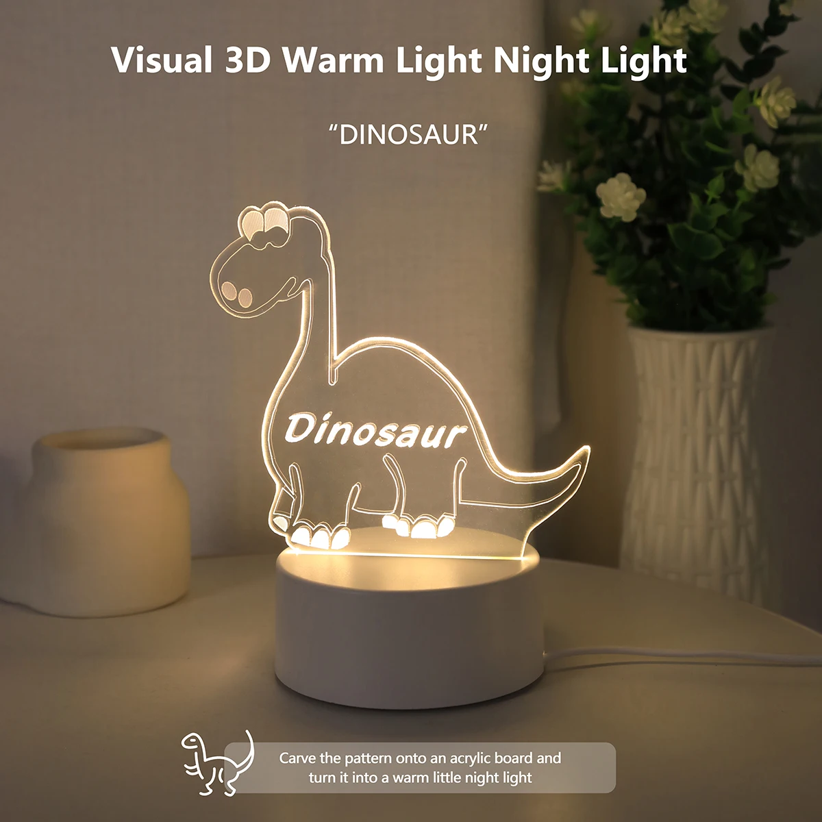 3D monochromatic dinosaur acrylic night light atmosphere decoration lamp can be used for bedroom, study, living room decoration