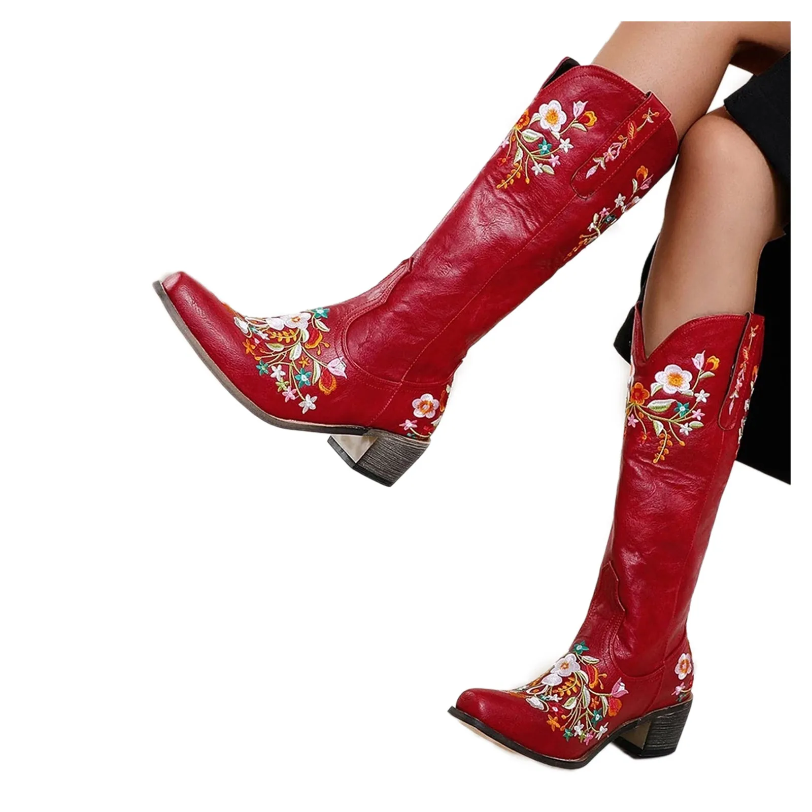 2024 New Varieties Womens Vintage Fashion High Quality Embroidery Mid Heel Boots Female Magnanimity Irregularly Knee High Heels