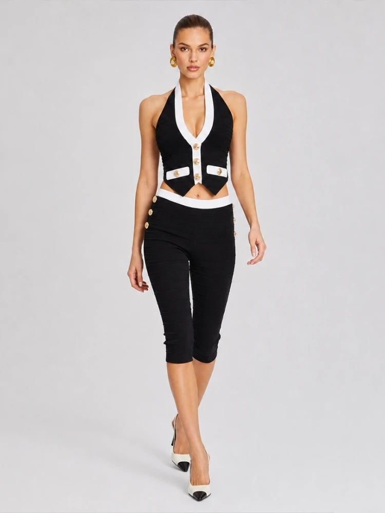 Sexy Two Piece Set Women Bandage Capri Pants Suits Halter Neck Backless Crop Top + Button Calf-Length Pants Sets Evening Party view 3