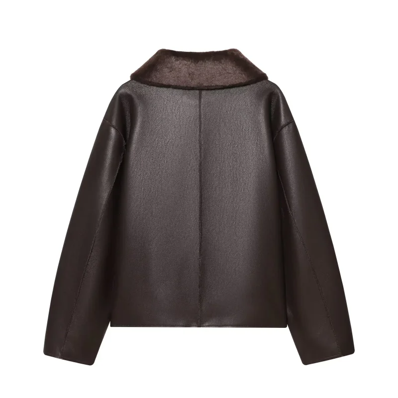 2026 New Women Reversible Faux Leather & Faux Fur Jacket Autumn Winter Long Sleeve Chic Street Coffee Color Outer Coats