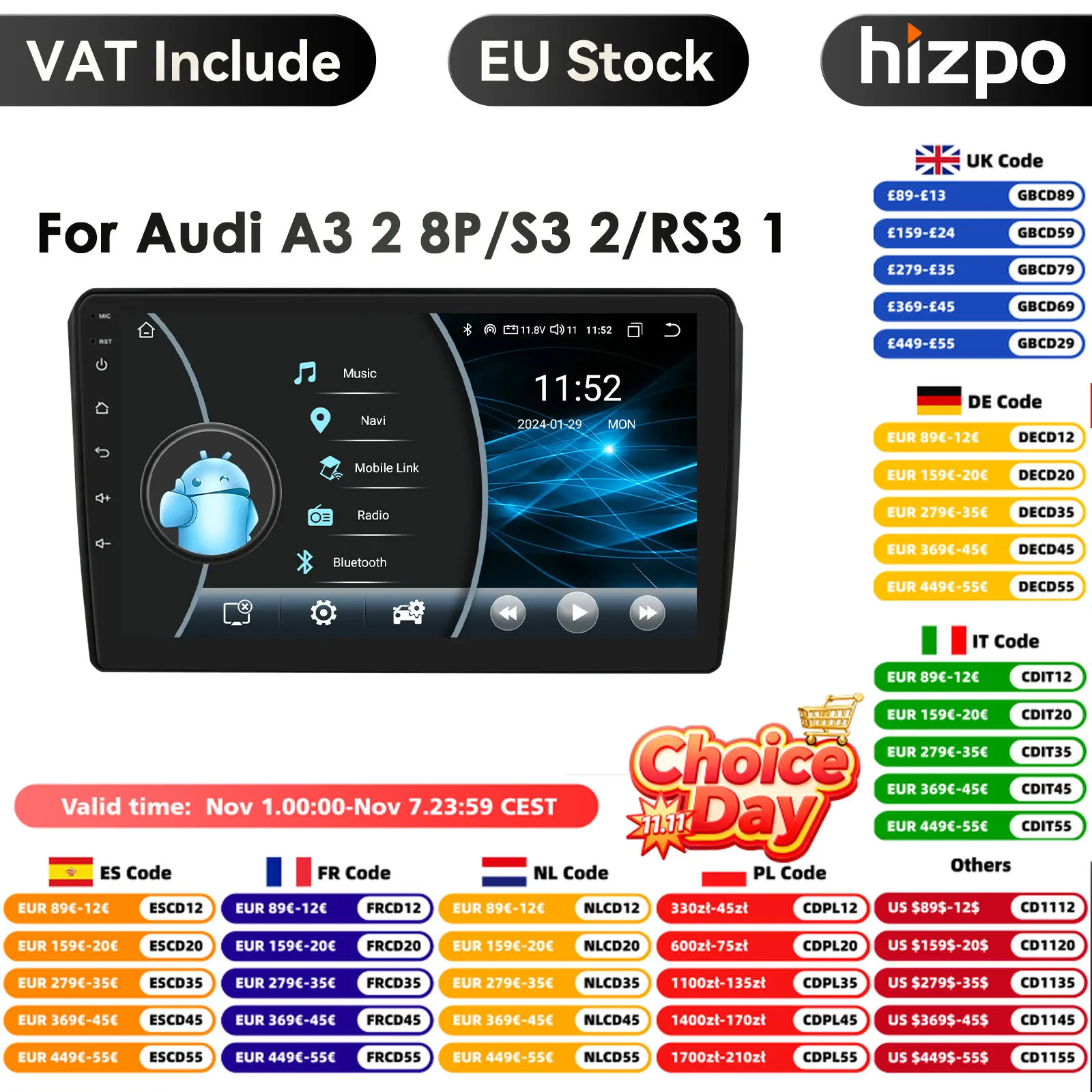 Hizpo AI Voice Wireless CarPlay Android 14 Auto Radio for Audi A3 8P 2004 - 2012 4G Car Multimedia GPS 2din Autoradio DSP Stereo