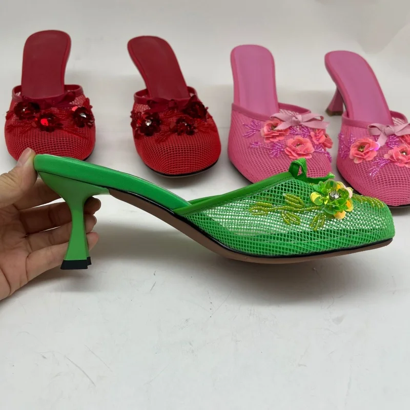 

Embroidered Mid High Heels Slippers Round Toe Toe Mesh Sandals Fashionable and Elegant Muller Shoes for Women Red Green Color