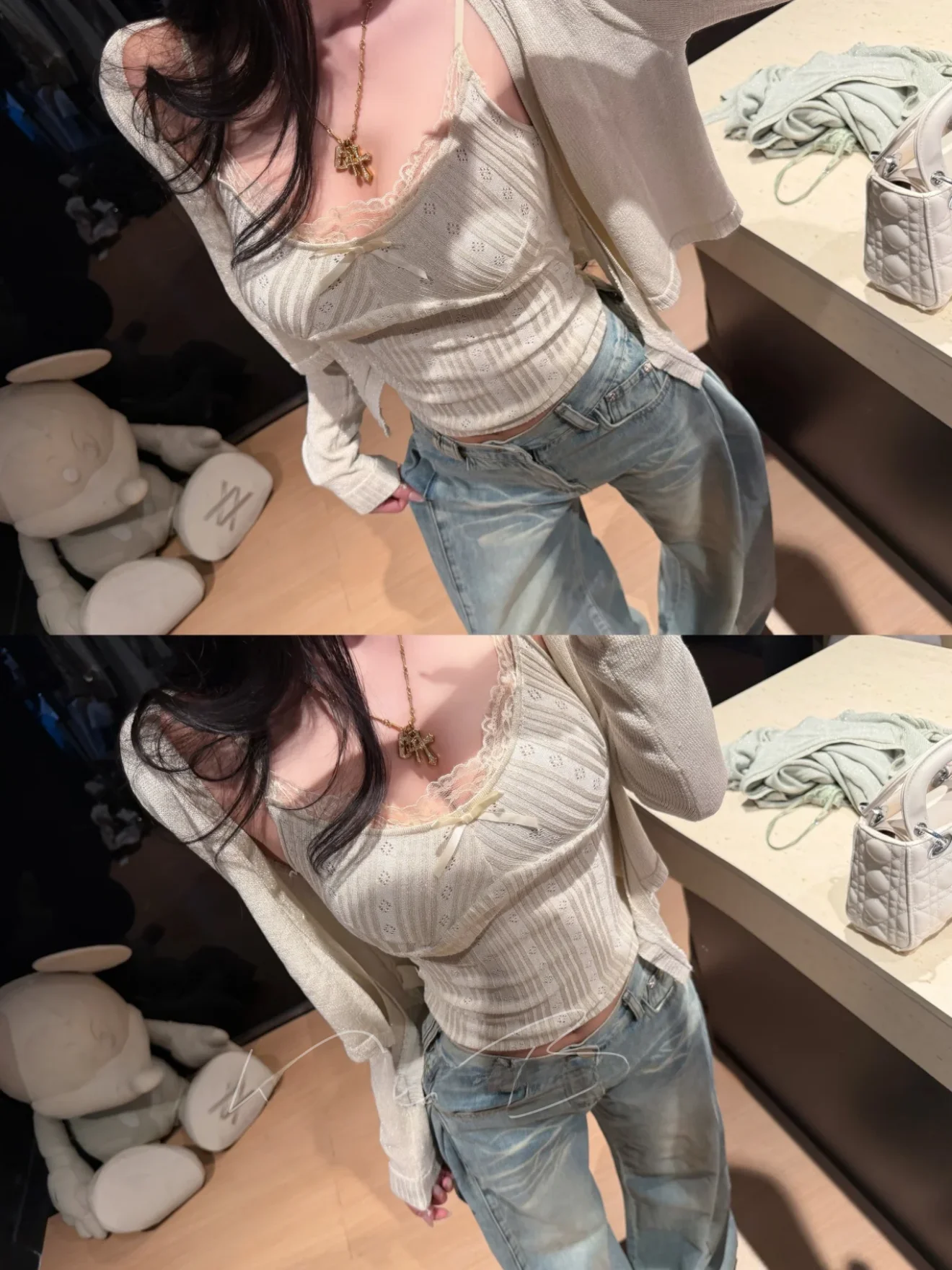 

Shiny Lace Knot Strap Knitted Open Cardigan Women's Two-Piece Set Spring Fashion Long Sleeve Knot Pattern