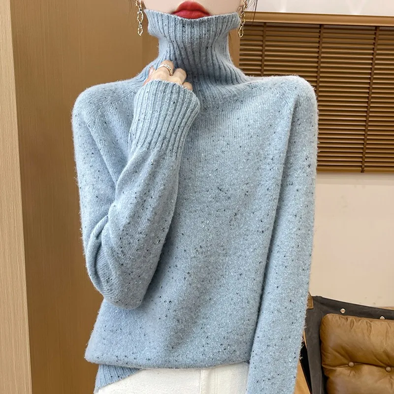 Fall/Winter new Women's sweater 100% Merino wool turtleneck pullover Fashion Color dot fork shoulder warm base knit shirt