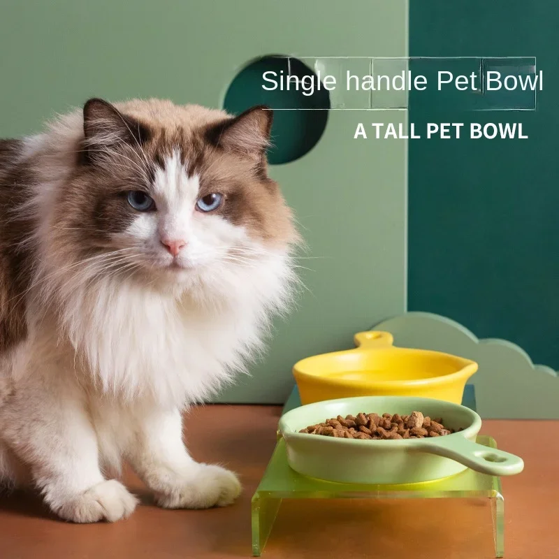 New Anti-Knock Food Bowl, Heavy Duty Ceramic Cat Bowl with Handle, Prevent Food Spilling, Ideal for Cats and Small Dogs