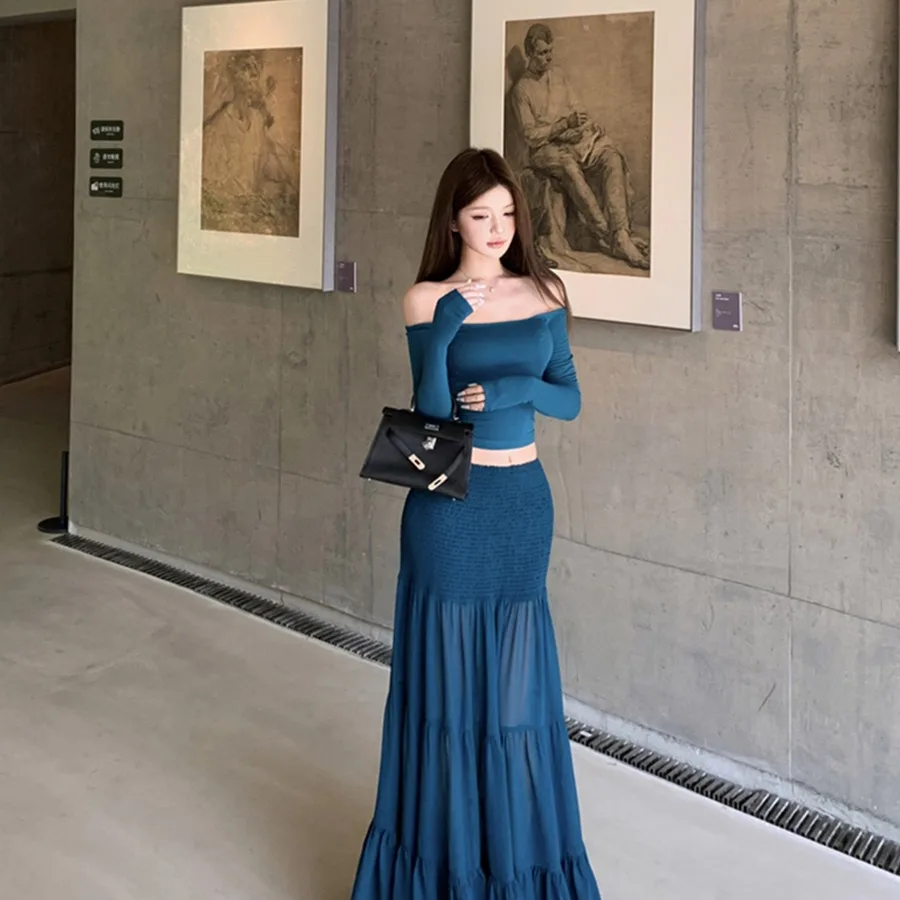 Simple Knitted Long Sve One oulder T-irt Skirt Set Women's Faion Autumn New Sle High Waist Midi Skirt Commute Sle