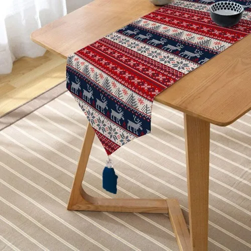 RealHomes Christmas Reindeer Pattern Digital Printed Tassels Chenille Triangle Runner