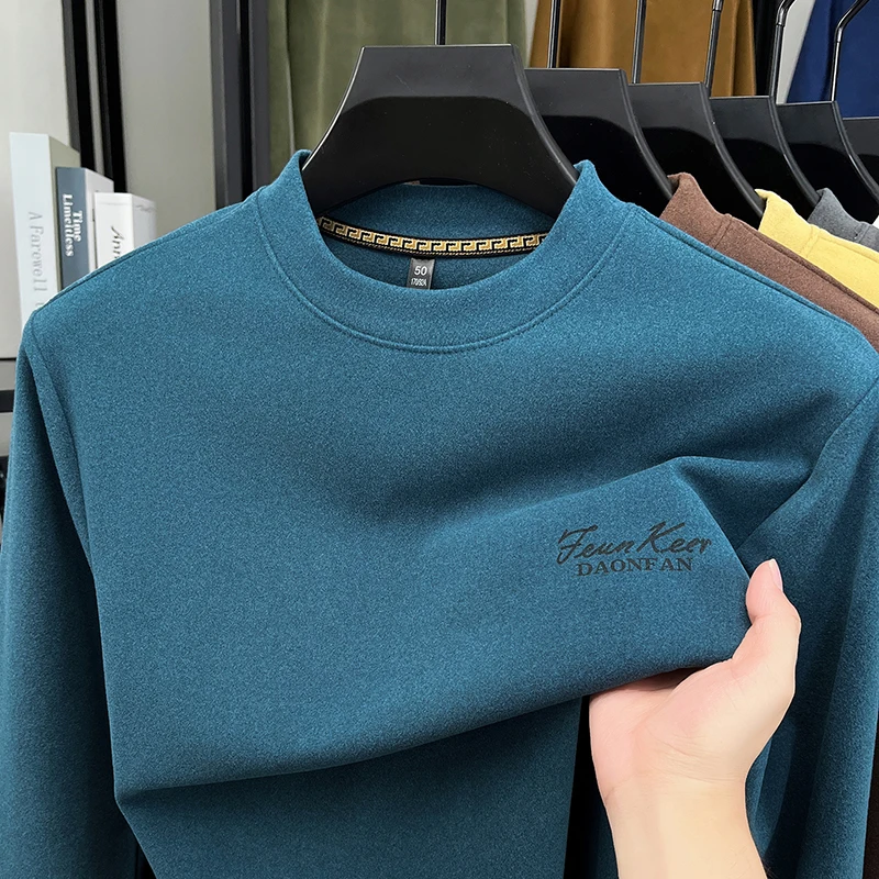 

New Men's Long Sleeved Simple Semi High Neck Solid Color Versatile Top Men's Comfortable Pullover Base Shirt