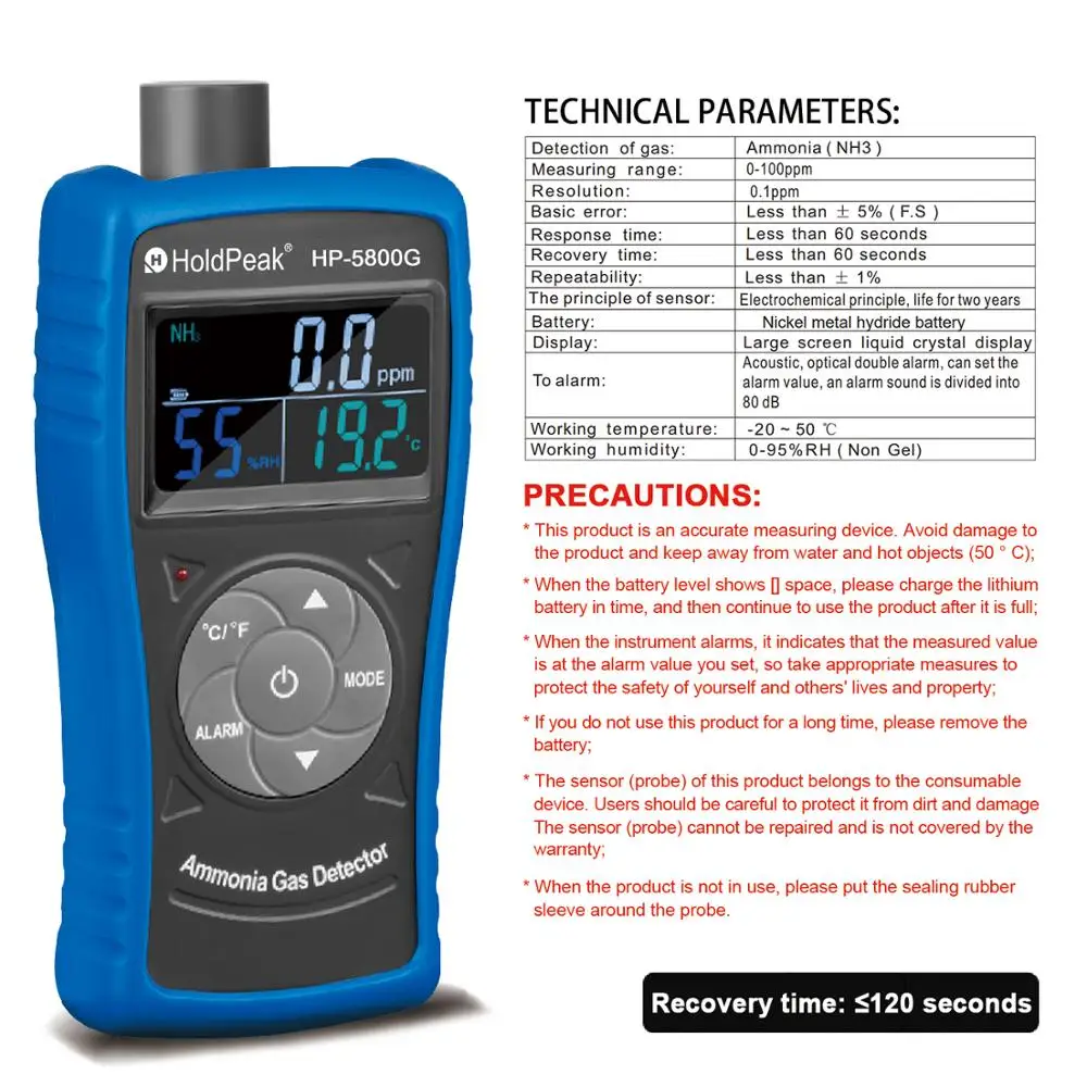 q-5800G q LCD Gas Analyzer Tester 0~100 PPM Ammonia Leak Detector Rechargeable Home Industrial Laboratory Use