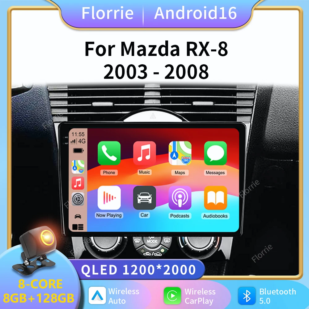 Android 16 2K Incell Screen Multimedia Stereo For Mazda RX-8 RX 8 RX8 SE 2003 - 2021 High-performance CPU Plug and Play Dash Cam