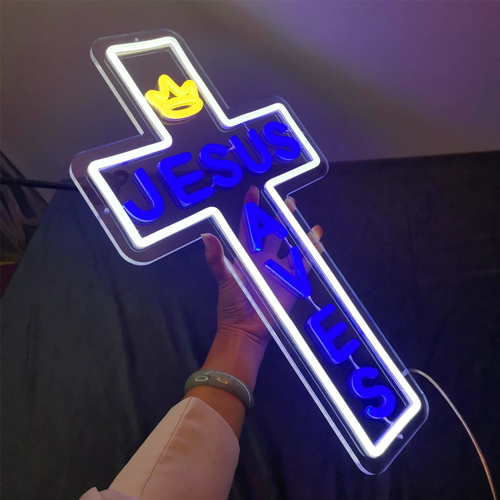 Imagem -02 - Personalizado Jesus Cruz Azul Sinal de Néon Led Cruz em Forma para Barra Cerveja Artesanal Vidro Real Decorar Decoração da Sala Parede Casa