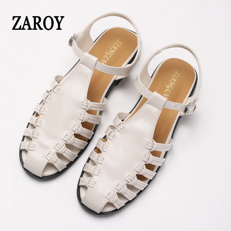 

ZAROY Roman Women's Sandals Summer Casual Flat Shoes Cover Toe Hollow Back Strap Designer Pig Cage Sandalias Zapatillas туфл