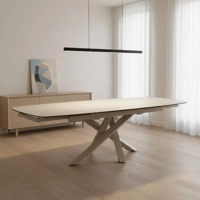 Laminated glass travertine table top luxury modern Nordic style dining room furniture metal legs foldable space saving dining
