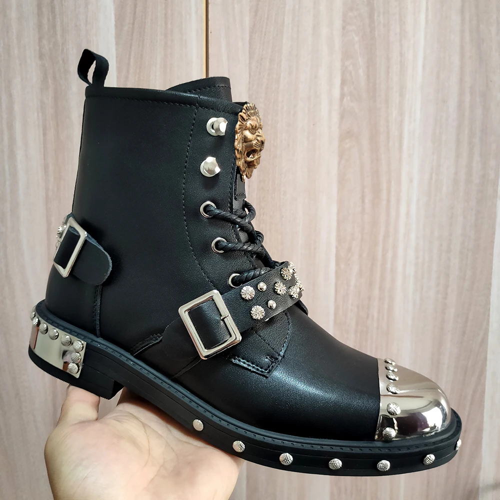 Men\'s punk style leather motorcycle boots Men\'s shoes Short metal studded shoes High quality boots zapatos sapatos A7