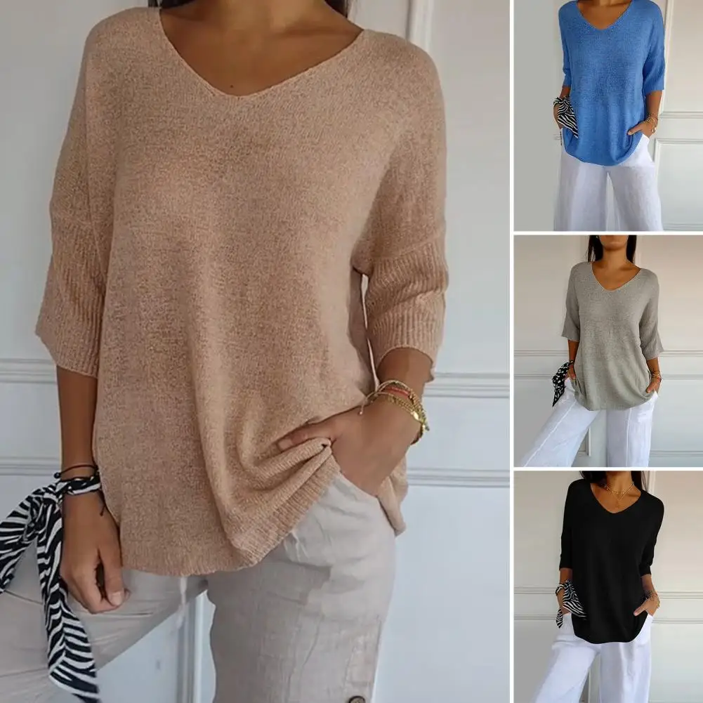 Knitted V-neck Sweater Stylish V-neck Knitting Tops for Women 3/4 Sleeve Sweater Loose Fit Mid-length Solid Color Bottoming Tops