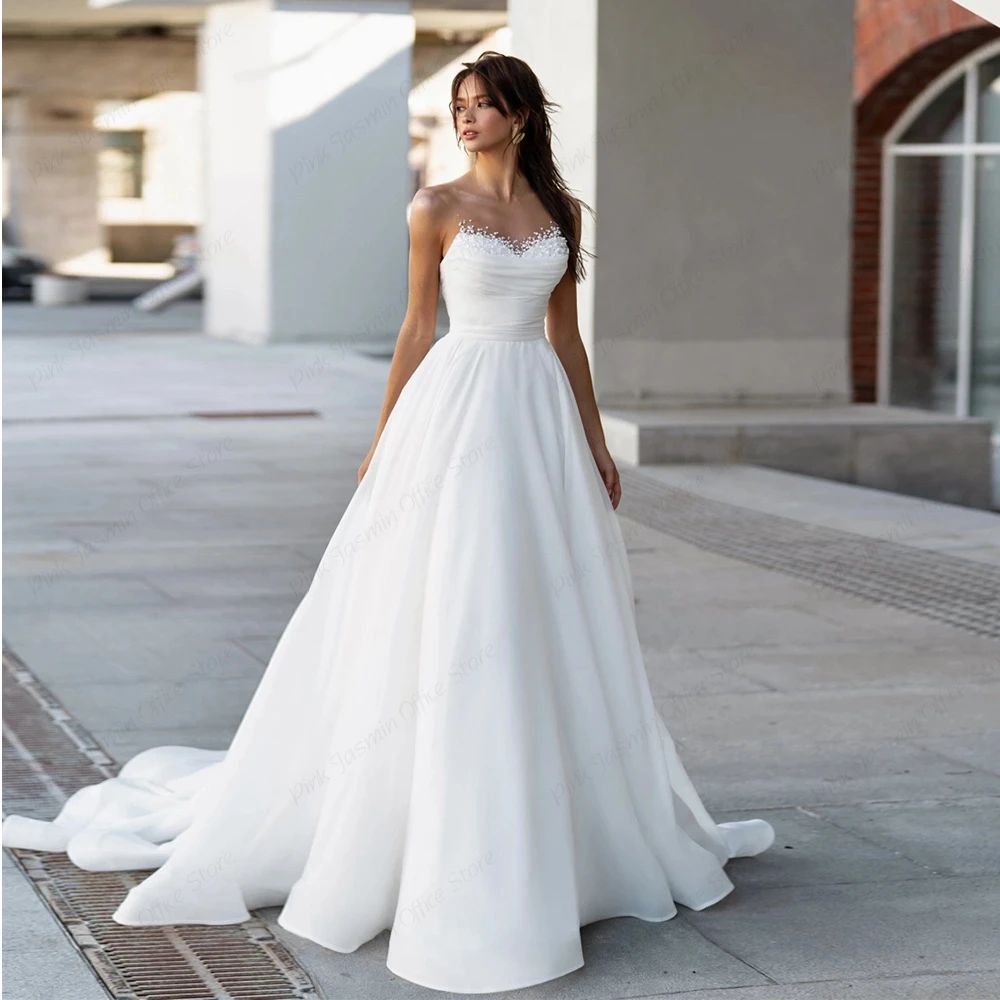 Charming Strapless White Chiffon Wedding Dresses with Beading Simple Sleeveless Bridal Gowns for Marriage Vestidos De Novia 2023