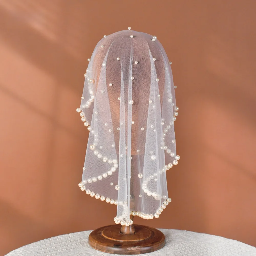 

Luxury White Beaded Blusher Veil Wedding Veil for Bride with Pearls Wedding Accessories Women's Wedding Dresses