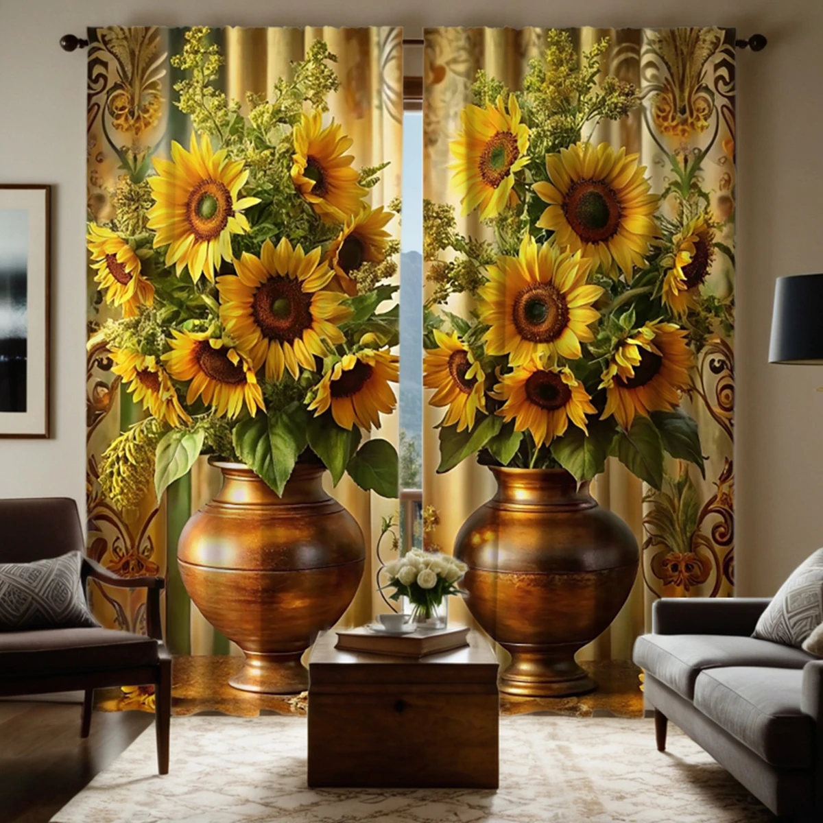 2pcs HD digital curtains printed yellow tied jar sunflower flower home decoration style decorate living room bedroom wear rod