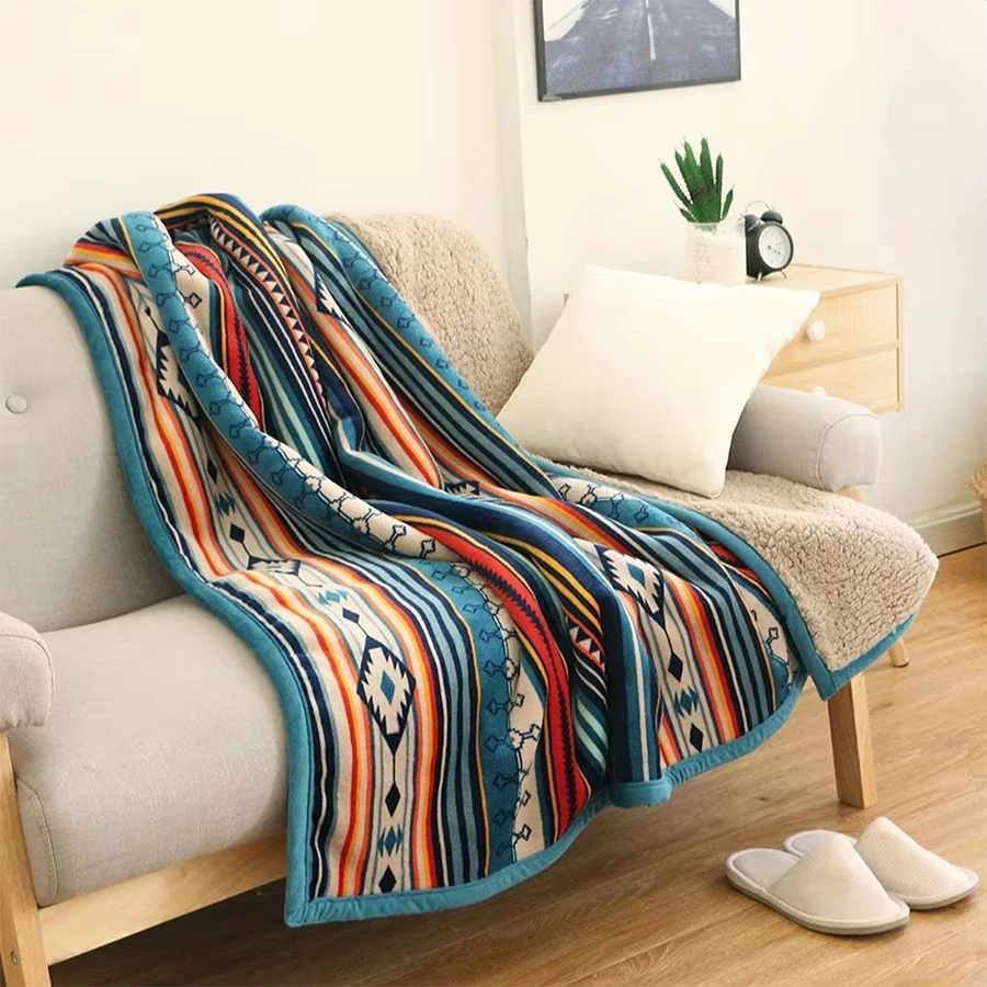 Nordische böhmische Flanelldecke – doppellagige Lammwolle, verdickt, warm, hypoallergen, für Sofa, Bett, Reisen, Zuhause, Büro