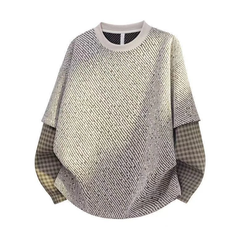 Fall Fake Two Piece Men O Neck Long Sleeve Sweatshirts Vintage Plaid Spliced Fashion Casual 2xl Oversized Pullover Black Apricot