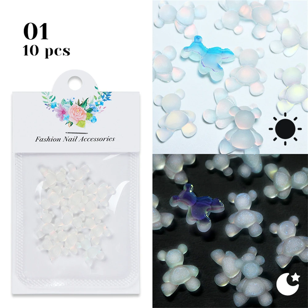 플라워 네일 참 3D 귀여운 네일 아트, 오로라 팬텀 나이트 라이트 곰 마카롱 매트 곰 네일