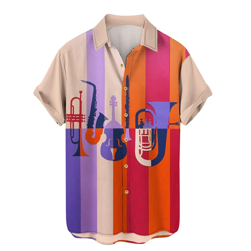 

Musical Instrument Pattern Hawaiian Shirts For Men Music Guitar 3D Printed Blouse Summer Loose Aloha Shirts Beach Short Sleeves