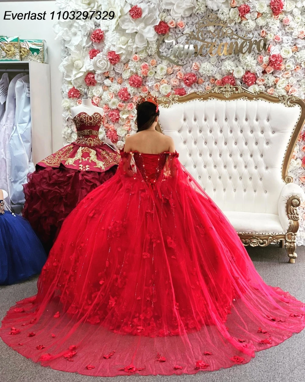 EVLAST, мексиканское красное Цветочное платье Quinceanera, бальное платье, аппликация, бисер, кристалл, с накидкой, корсет, милое платье 16, 15 лет QD1027