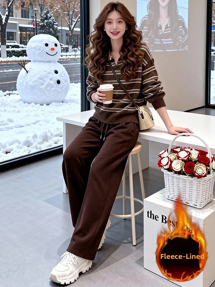

Women's Winter Fashion Striped Fleece Lined Wide Leg Pants Casual Two Piece Set Comfortable High Waist Neck Top