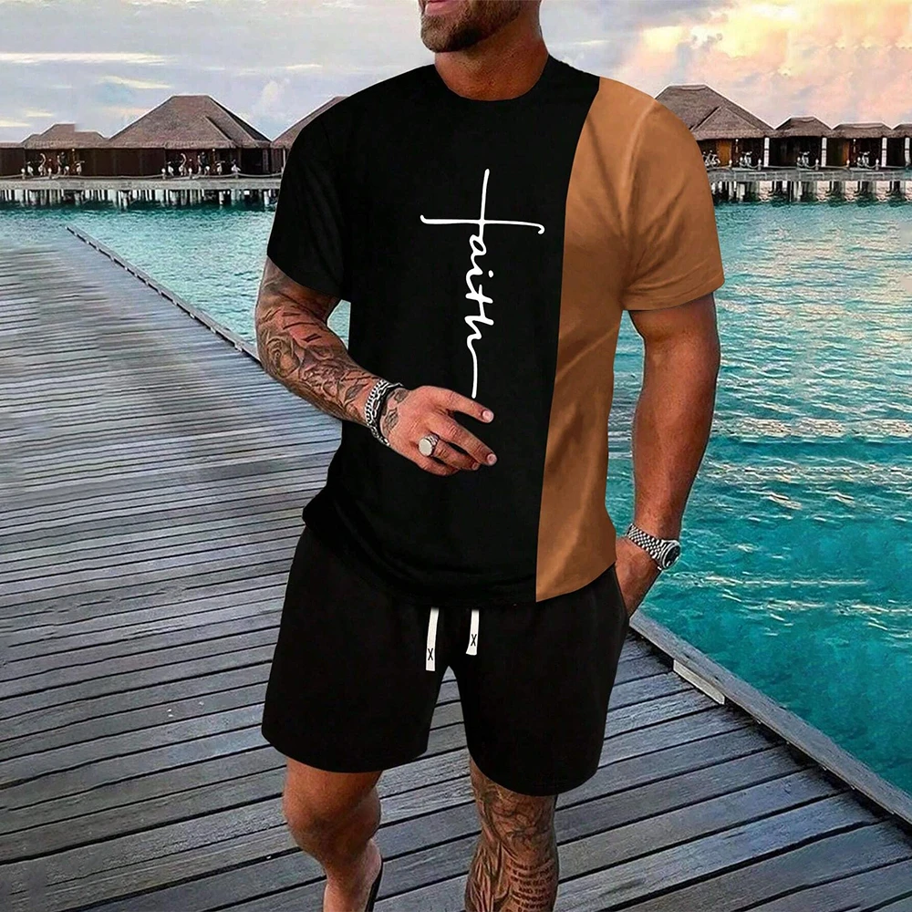 

Funny 3D Jesus Cross Print Men's Short Sleeve Set Casual O-neck T-Shirt +Shorts 2 Piece Outfit Summe Fashion Suit Loose Clothing