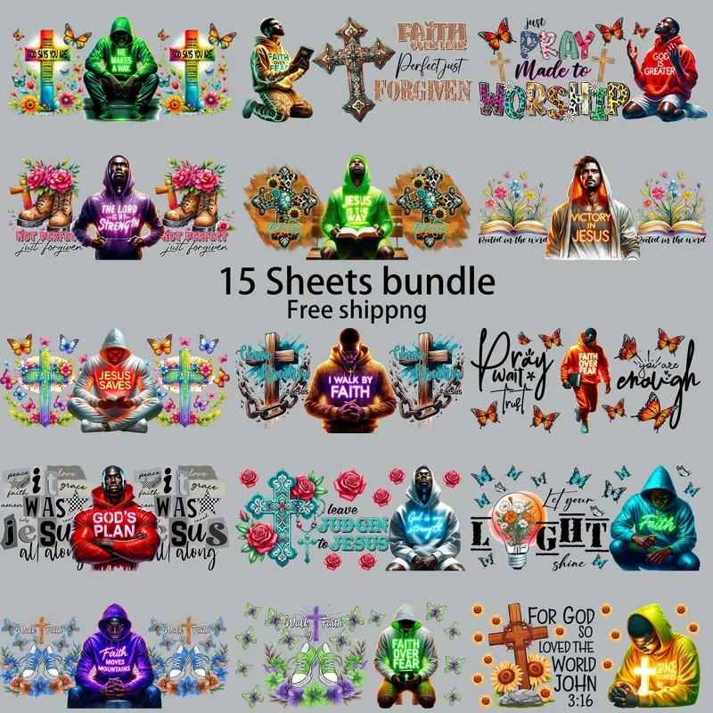 15pcs Freeship Faith Over Fear Jesus UV DTF Sticker Waterproof DIY Decals 3D transfers uvdtf tumbler stickers uv dtf cup wrap