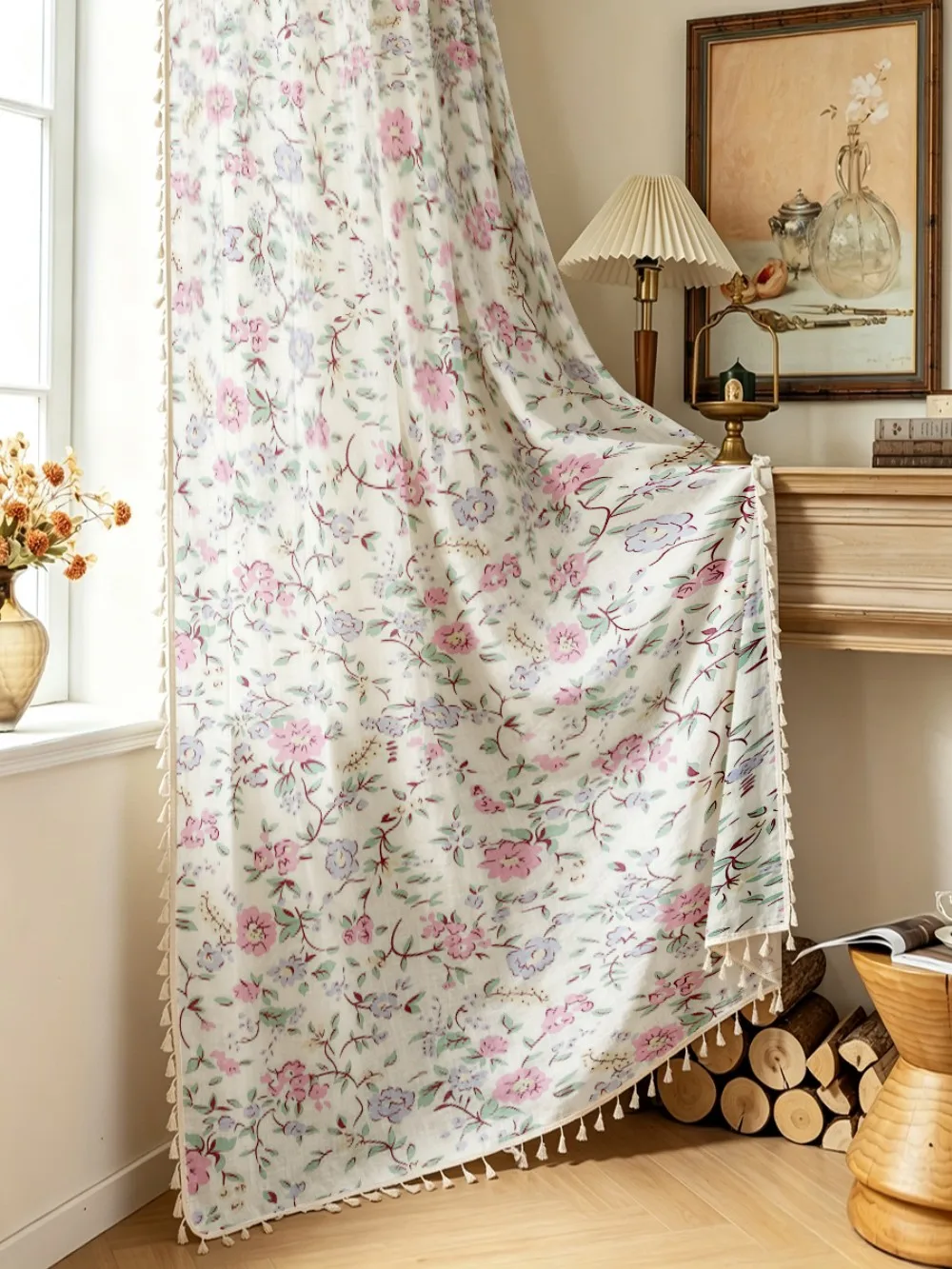 1PC Floral Tassel Sheer Curtains, Pink Purple Rose, Digital Print, Linen Polyester, Bedroom Living Room, Rod Pocket, Home Decor