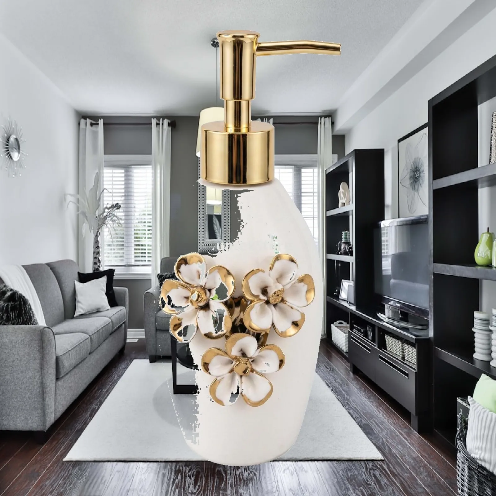 Luxurious Ceramic Soap Dispenser with Floral Relief Design Gold Pump Head for Bathroom Countertop Sink Storage