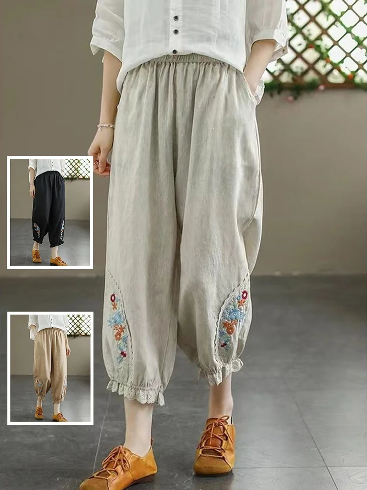 

Ретро-брюки-фонарики из хлопка и льна с вышивкой, свободного кроя, повседневные, длиной 7/8, летние, женские, больших размеров, с эластичным поясом