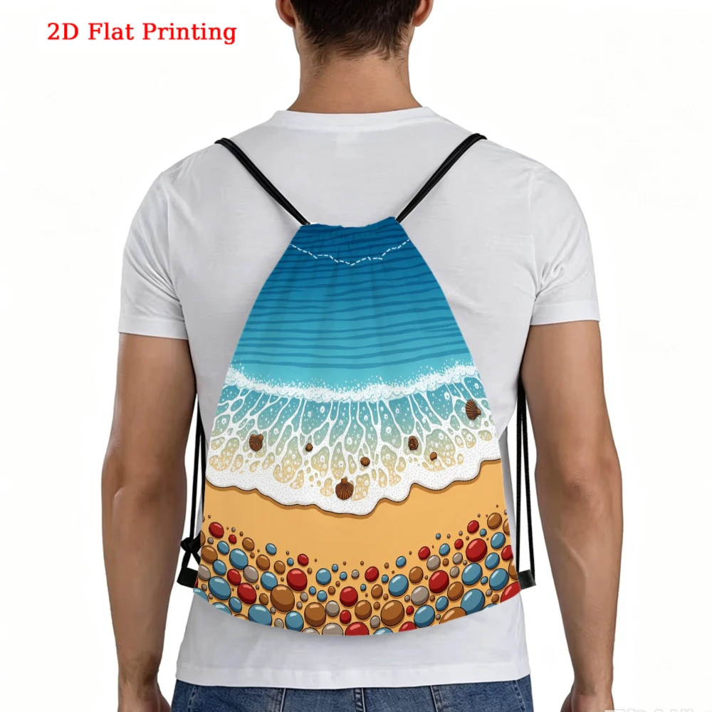 Ocean Waves Beach Pebbles Print Drawstring Backpack, Travel Shoe Bag, Fitness Sports Backpack, Travel Outdoor Drawstring Bag