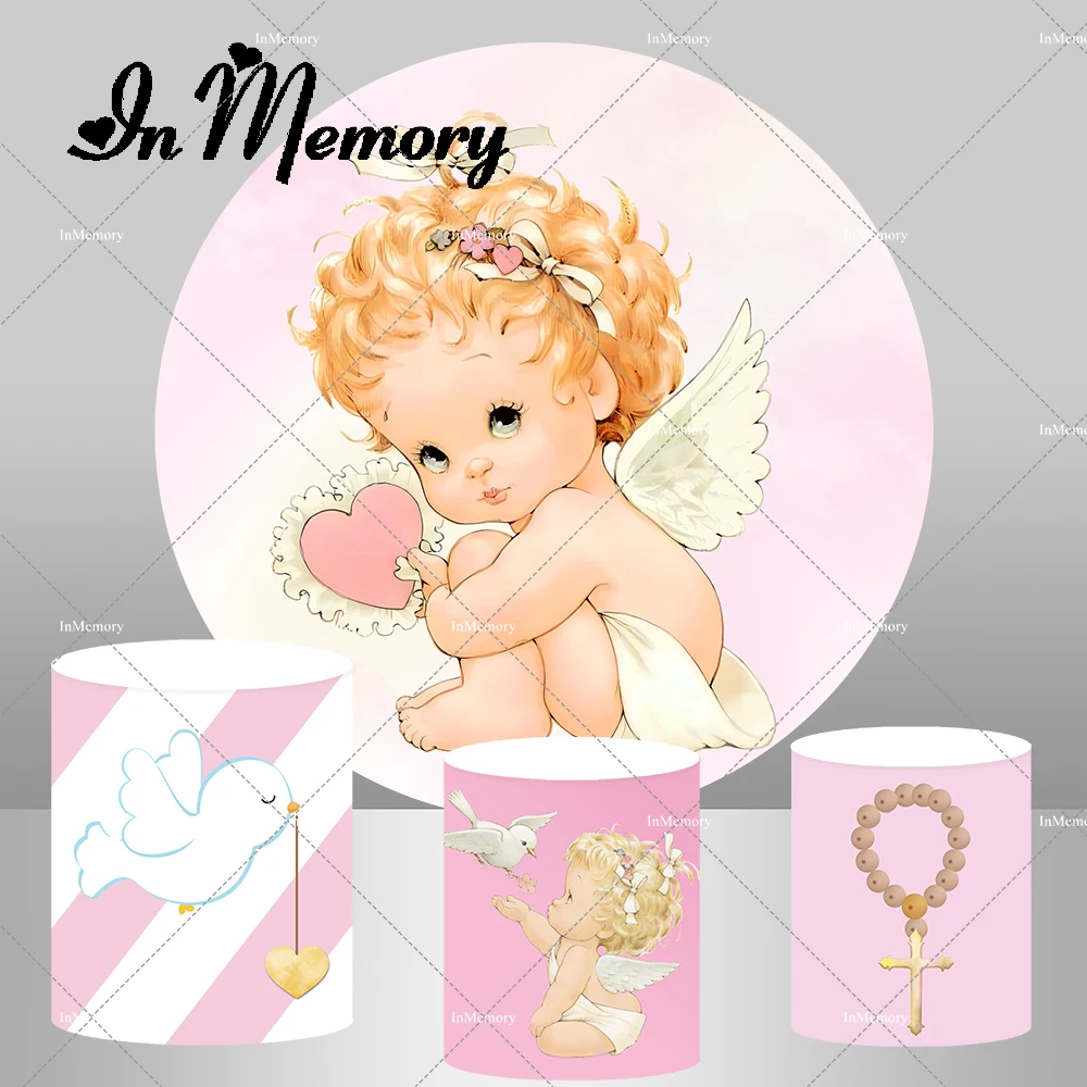 

Pink Girls Baptism Round Backdrop Cover Cute Angel Heart Holy Communion Party Circle Backgrounds Plinth Covers