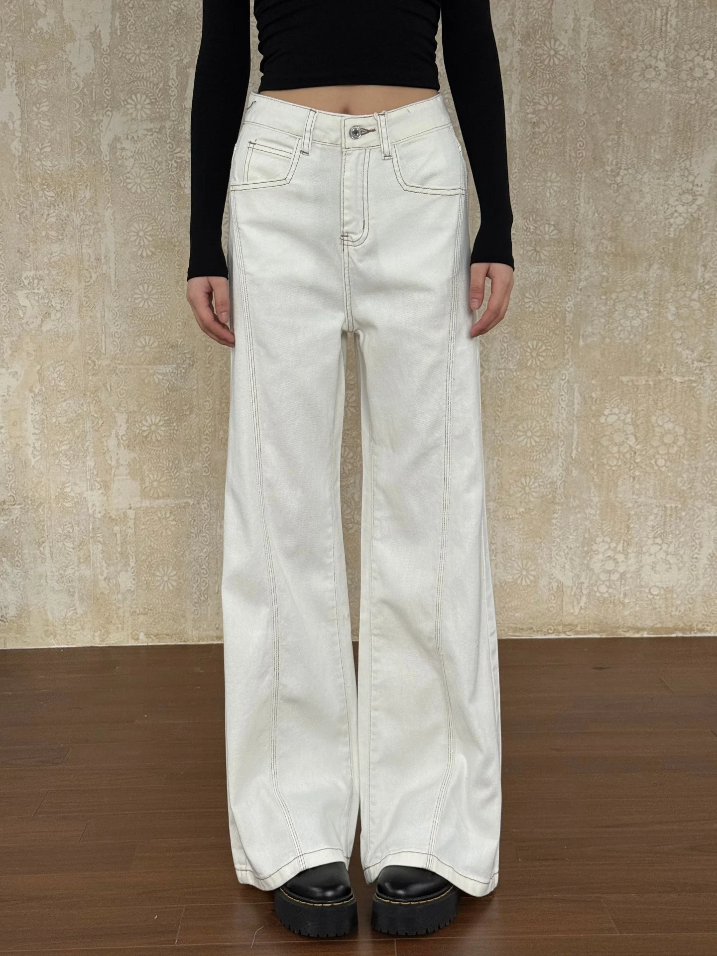 

Джинсы VintageTang с высокой талией и широкими штанинами, повседневные прямые свободные брюки, визуально стройнящие, длинные, женские, ретро, из хлопкового денима