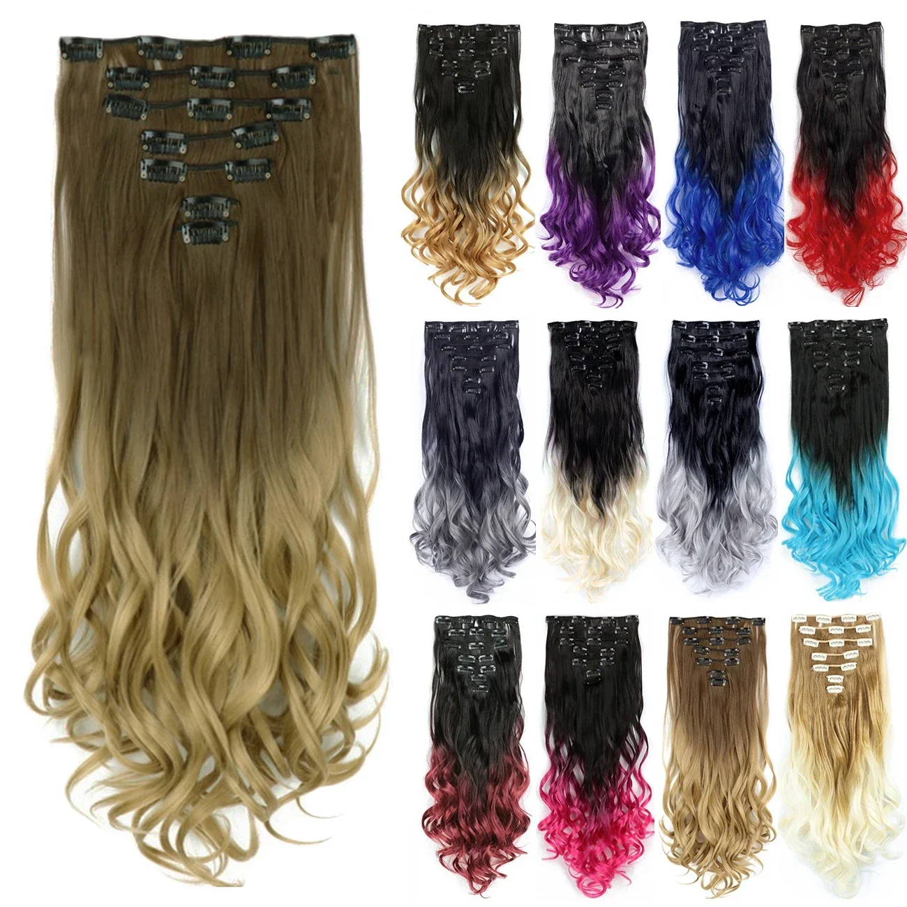 

Curly Synthetic Ombre Brown Clip in Hair Extensions Full Head Hair Pieces for Women Postiche Natural Hair Clip Ins