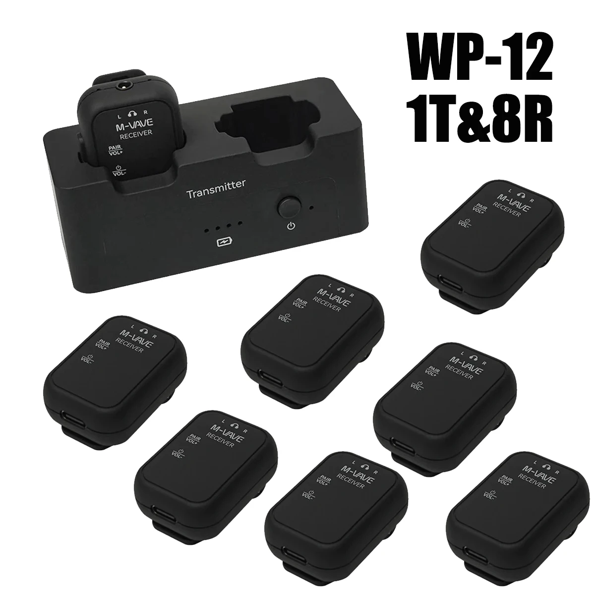 M-VAVE WP-12 1T8R Wireless Ear Monitor – 2.4GHz Digital, 24h TX Battery, 1800mAh Case, Ultra-Low Latency, 8 Mixed Receivers