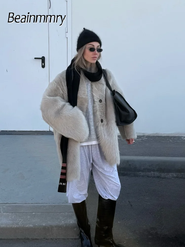 

Solid Faux Fur Coat Women Fashion Elegant V-neck Long Sleeve Single-breasted Loose Fluffy Jacket Winter Lady High Street Outwear