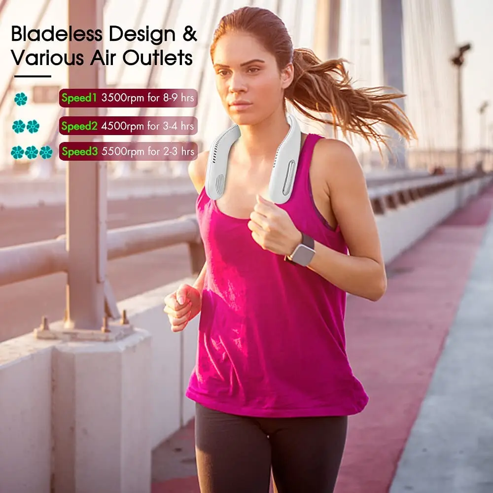 مروحة بطارية كهربائية محمولة قابلة لإعادة الشحن عبر USB، مروحة رياضية بشريط حول الرقبة بدون استخدام اليدين، مروحة رقبة معلقة كسولة