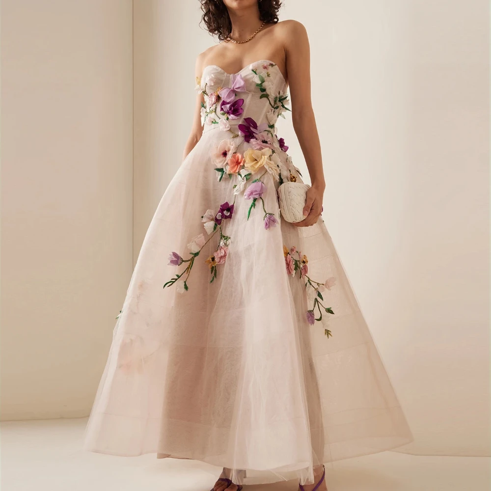 3D Flowers Backless A-line Evening Dresses Off-shoulder Sleeveless Dress Exquisite High Quality Prom Party Gowns for Customized