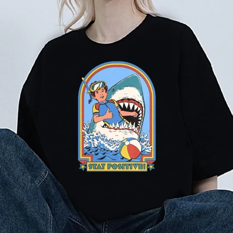 

Stay Positive Shark Boy T Shirt Women Couple Combination Clothes Short Sleeve Collar Fashion Man Cotton