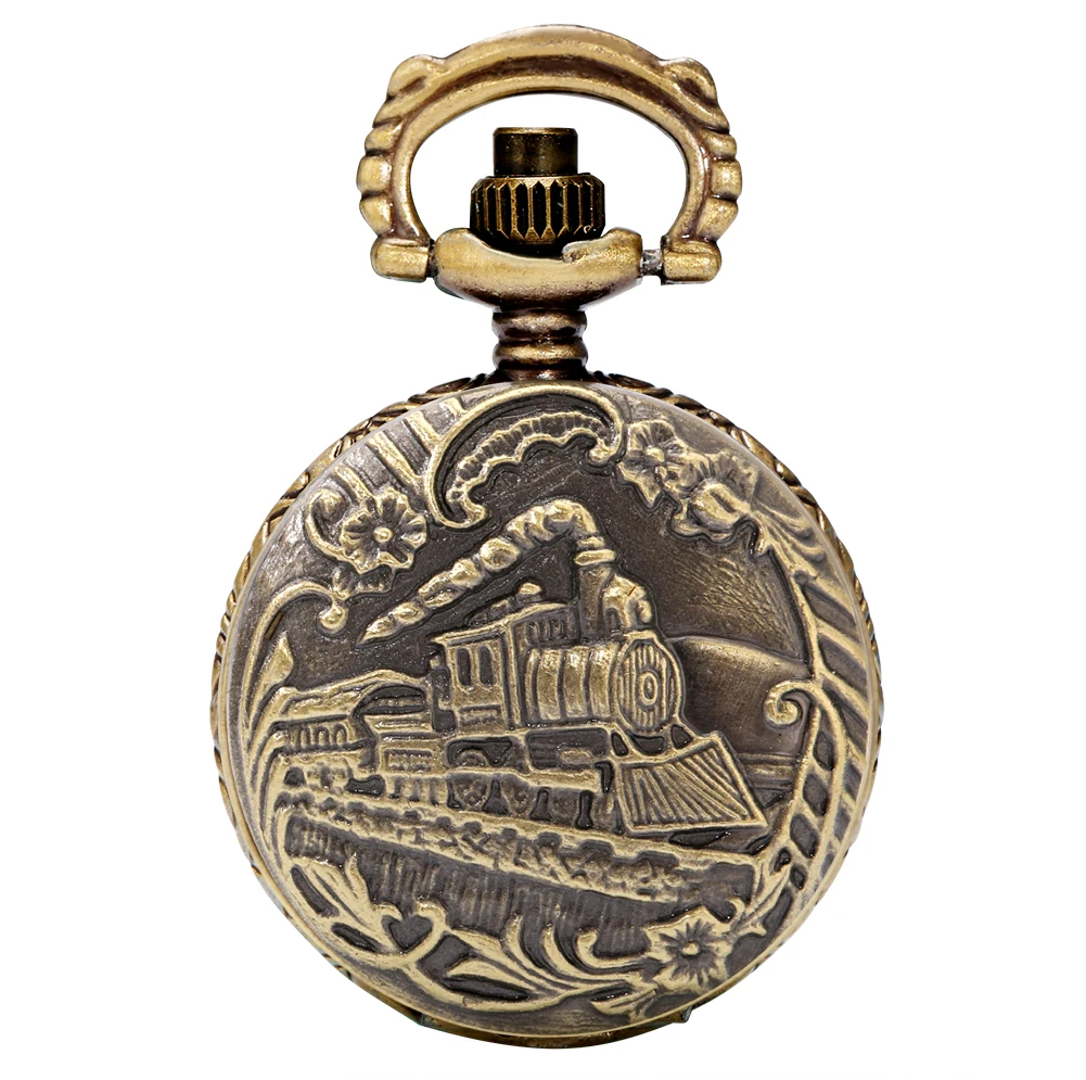 Small Bronze Steam Train Necklace Pocket Watch Gift Men Women Quartz Arabic Numerals Dial Vintage Fashion Pendant Timepiece